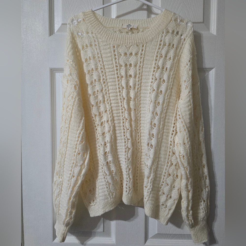 Entro Open Knit Crewneck Grandma Sweater in Cream, Slouchy Fit, Size Small, EUC!